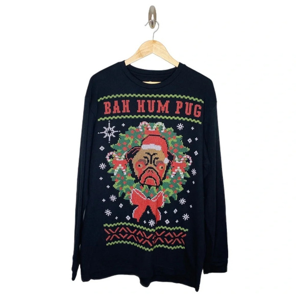 Dec. 25th Bah Hum Pug Graphic Ugly Christmas Thermal Long Sleeve Top Size XL - Picture 1 of 7